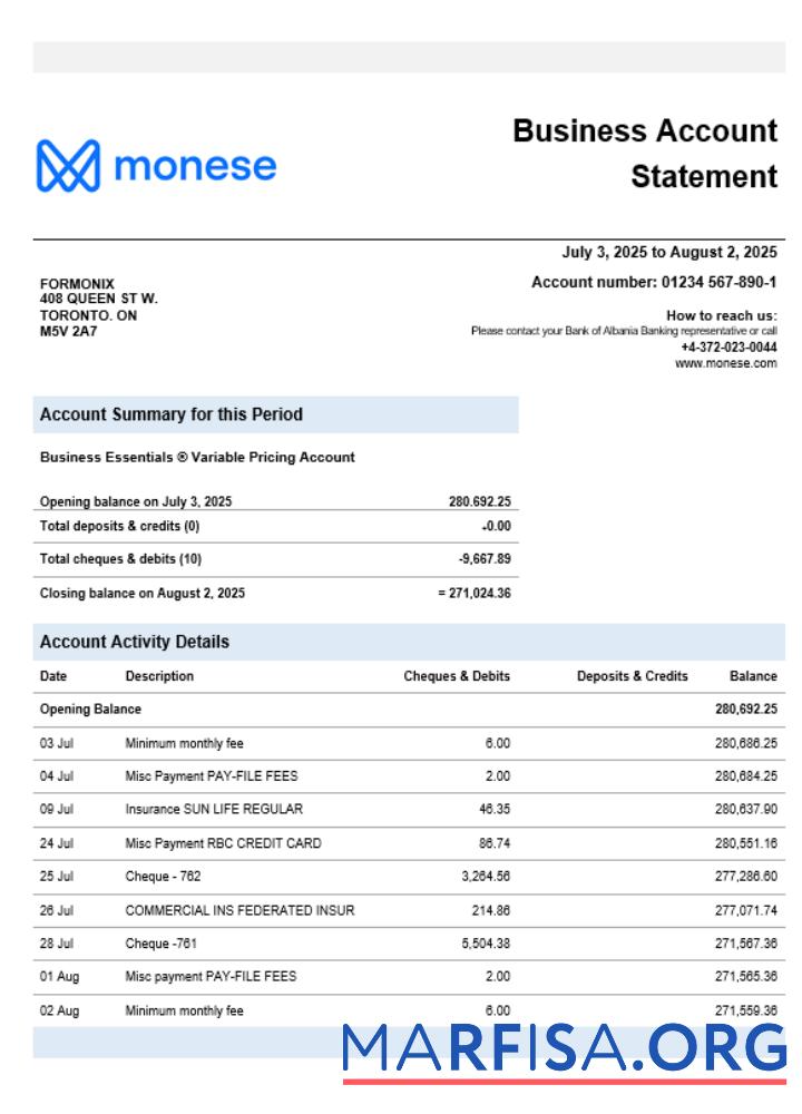 Printable Monese bank business bank statement Word and PDF format sample